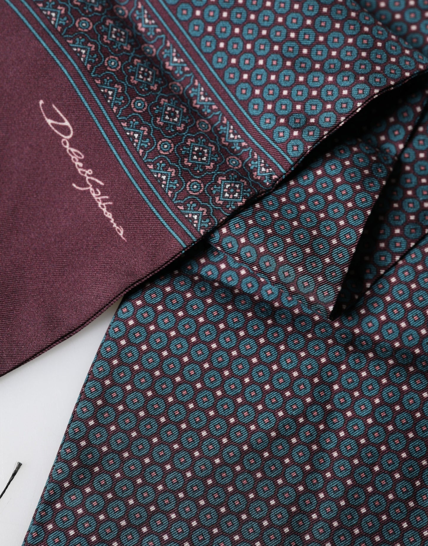 Dolce & Gabbana Bordeaux Silk Fringe Geometric Neck Wrap 142cm X 15cm Scarf