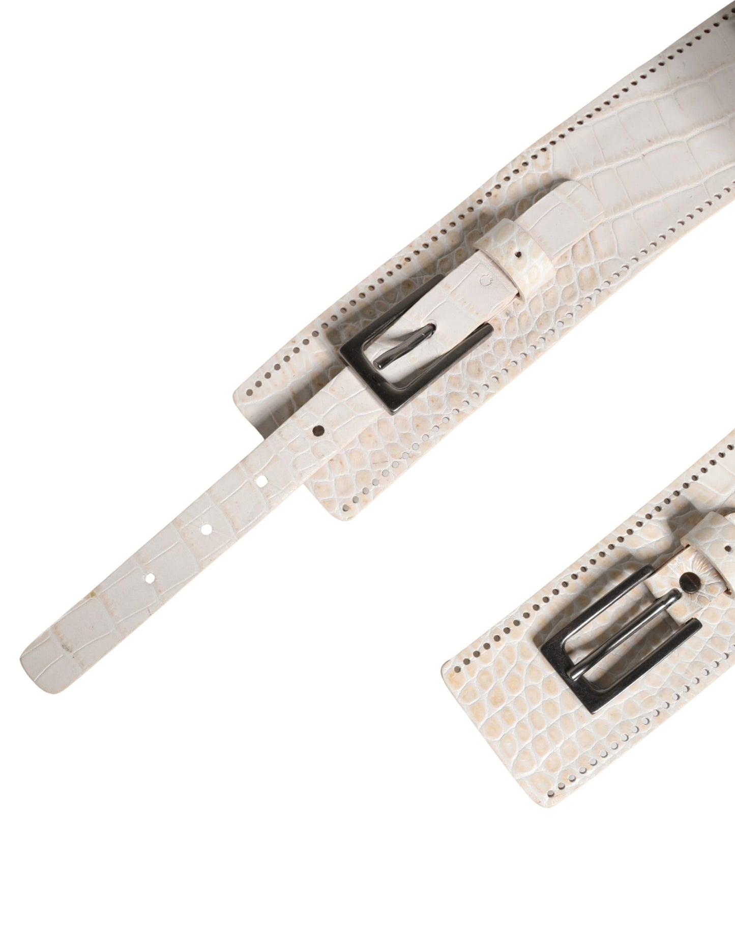 Scervino Street White Textured Leather Wide SilverMetal Buckle Belt