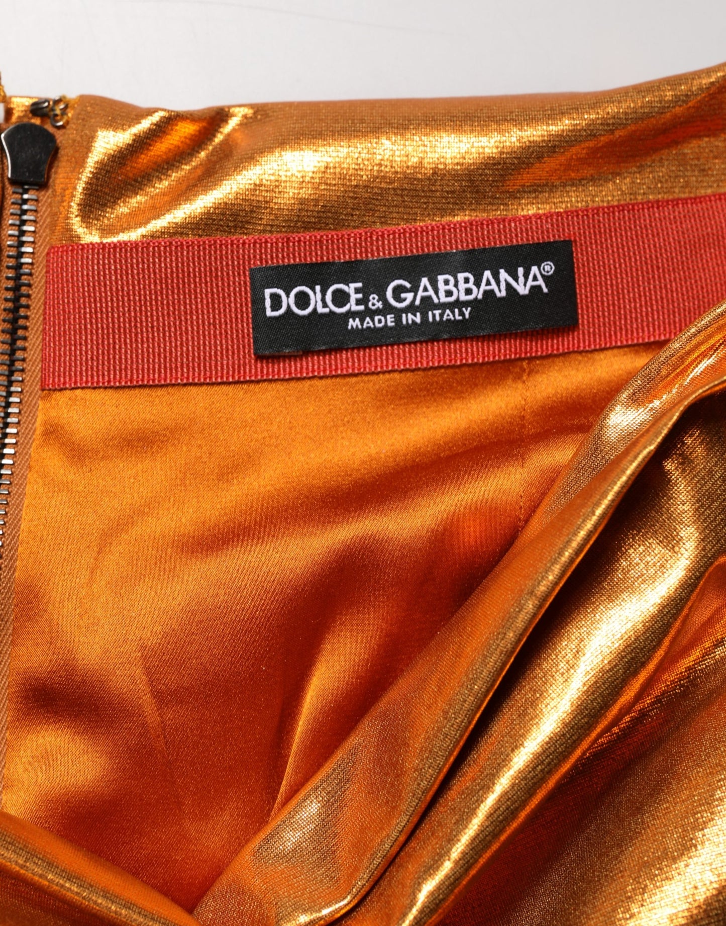 Dolce & Gabbana Metallic Orange Ruched Lame Bodycon Mini Skirt