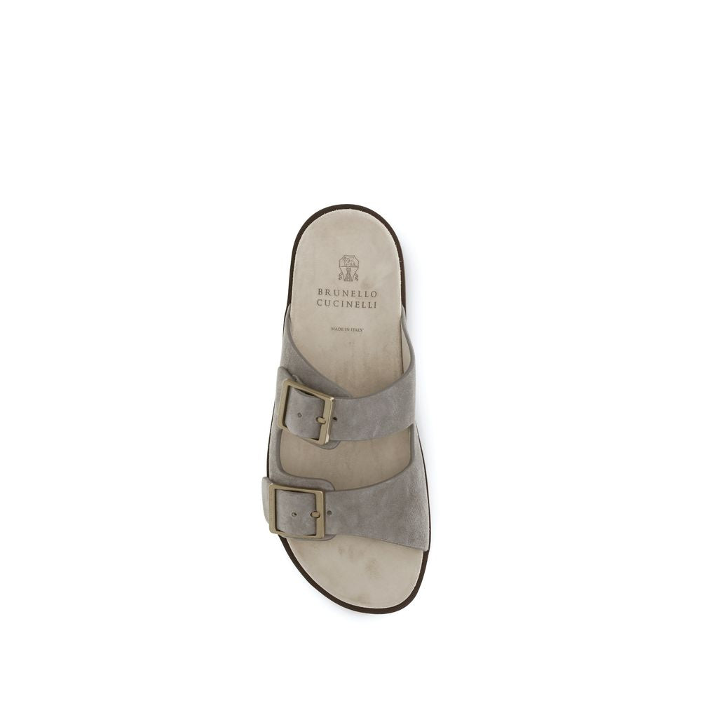 Brunello Cucinelli Gray Calf Leather Bos Taurus Flat Sandals