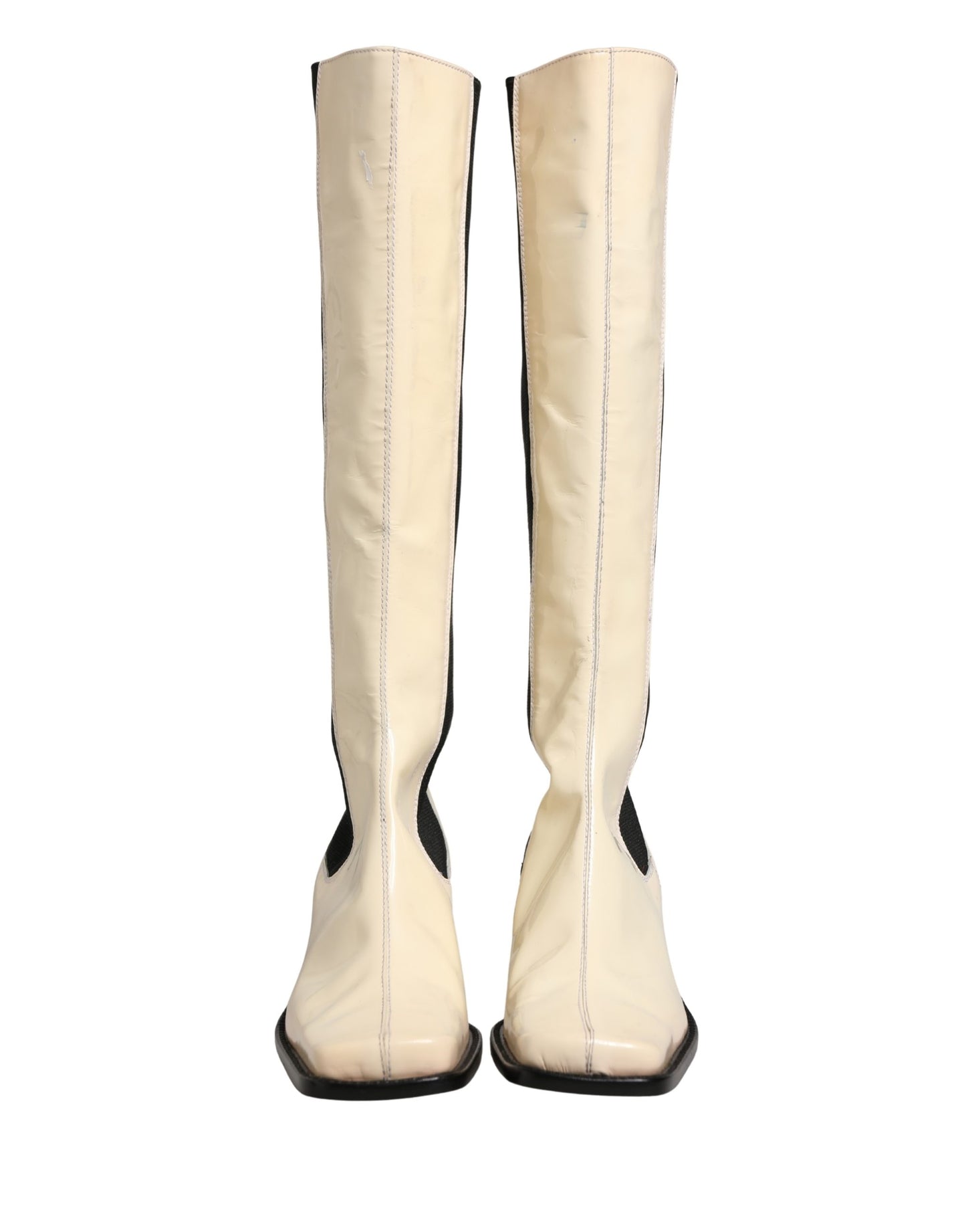 Dolce & Gabbana White Black Leather Knee High Boots Shoes