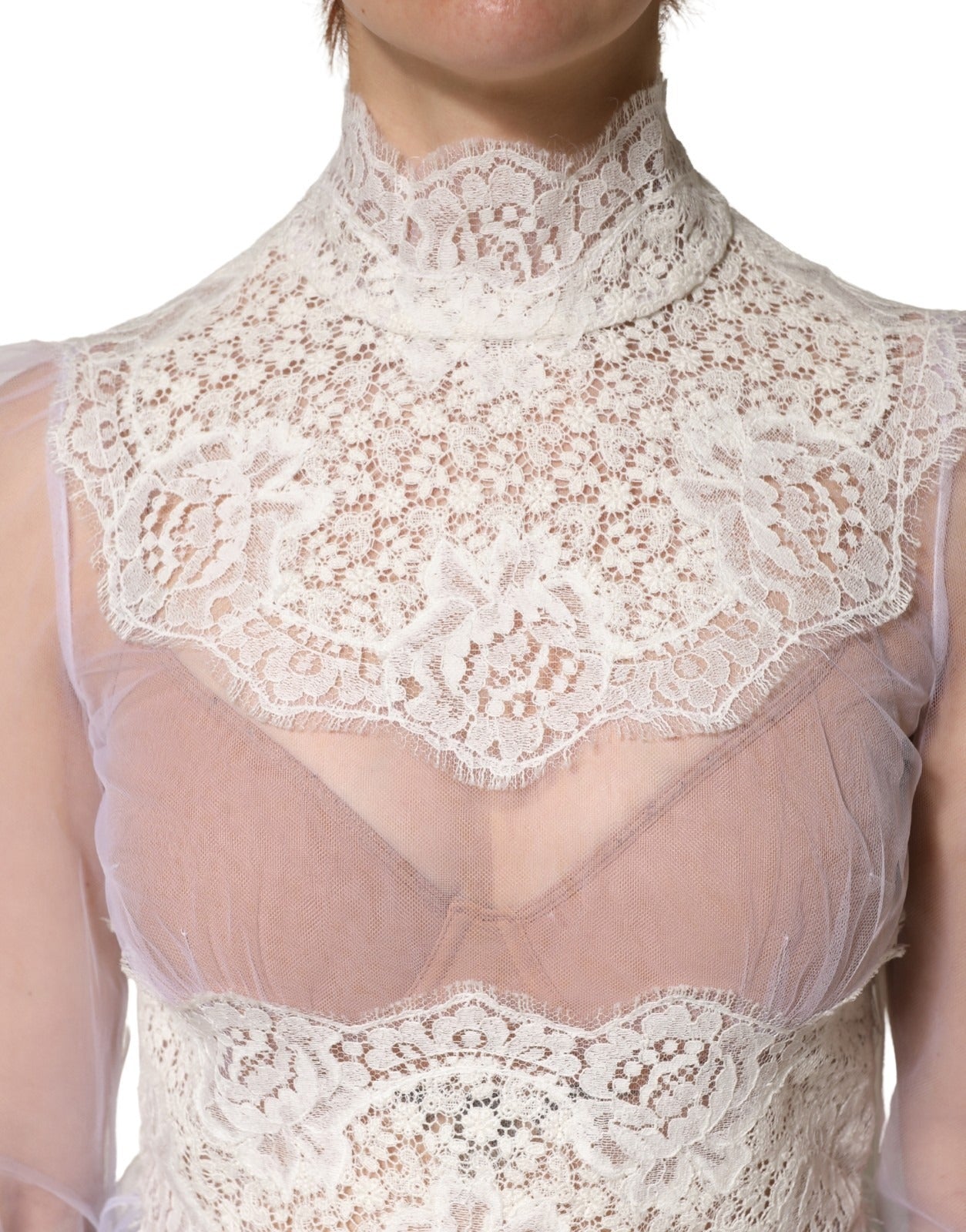 Dolce & Gabbana White Nylon Lace Tulle Sheer Long Sleeve Top
