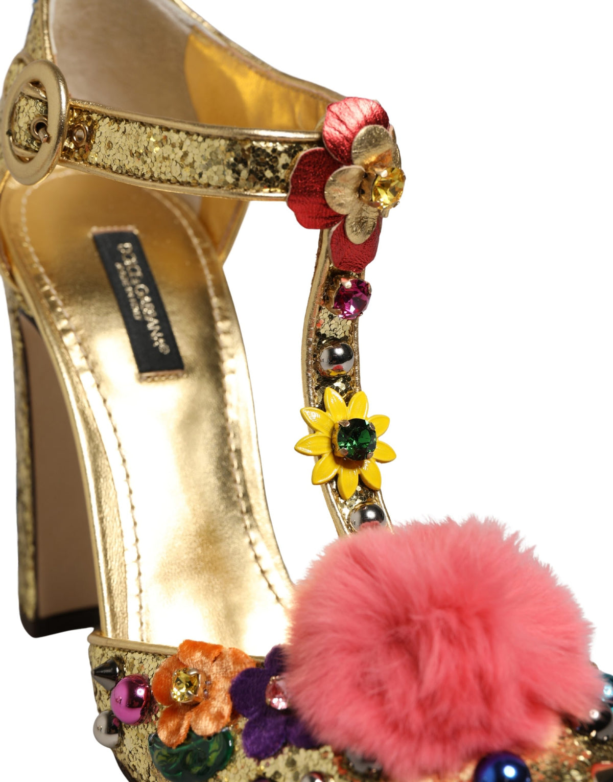 Dolce & Gabbana Gold Fur Trim Glitter T-strap Sandals Shoes