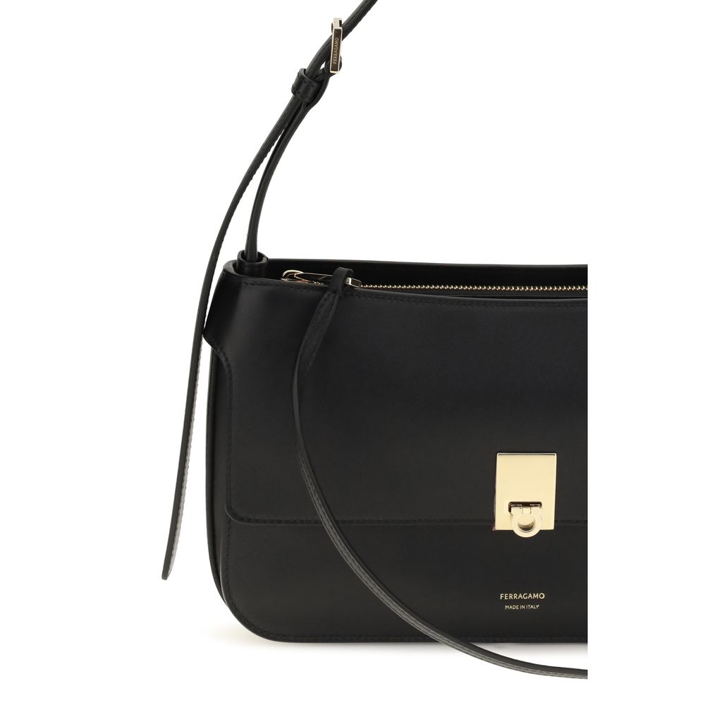 Ferragamo Black Calf Leather Bos Taurus Shoulder Bag
