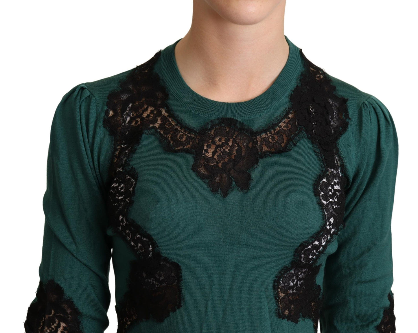 Dolce & Gabbana Tyylikäs vihreä pusero mustalla pitsillä