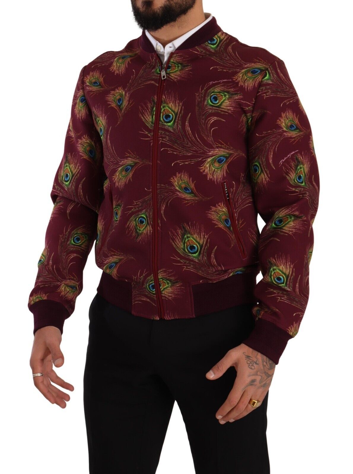 Dolce & Gabbana Bright red peacock print bomber jacket