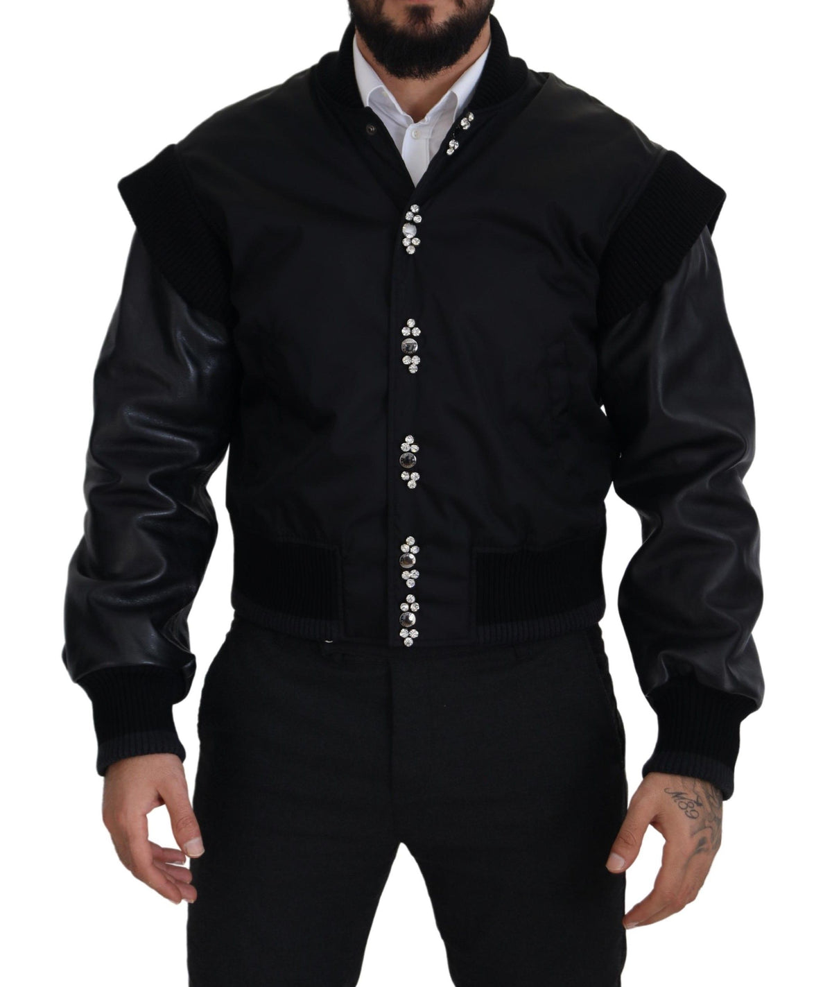 Dolce & Gabbana Elegantti musta bomber-takki kristallikoristeilla