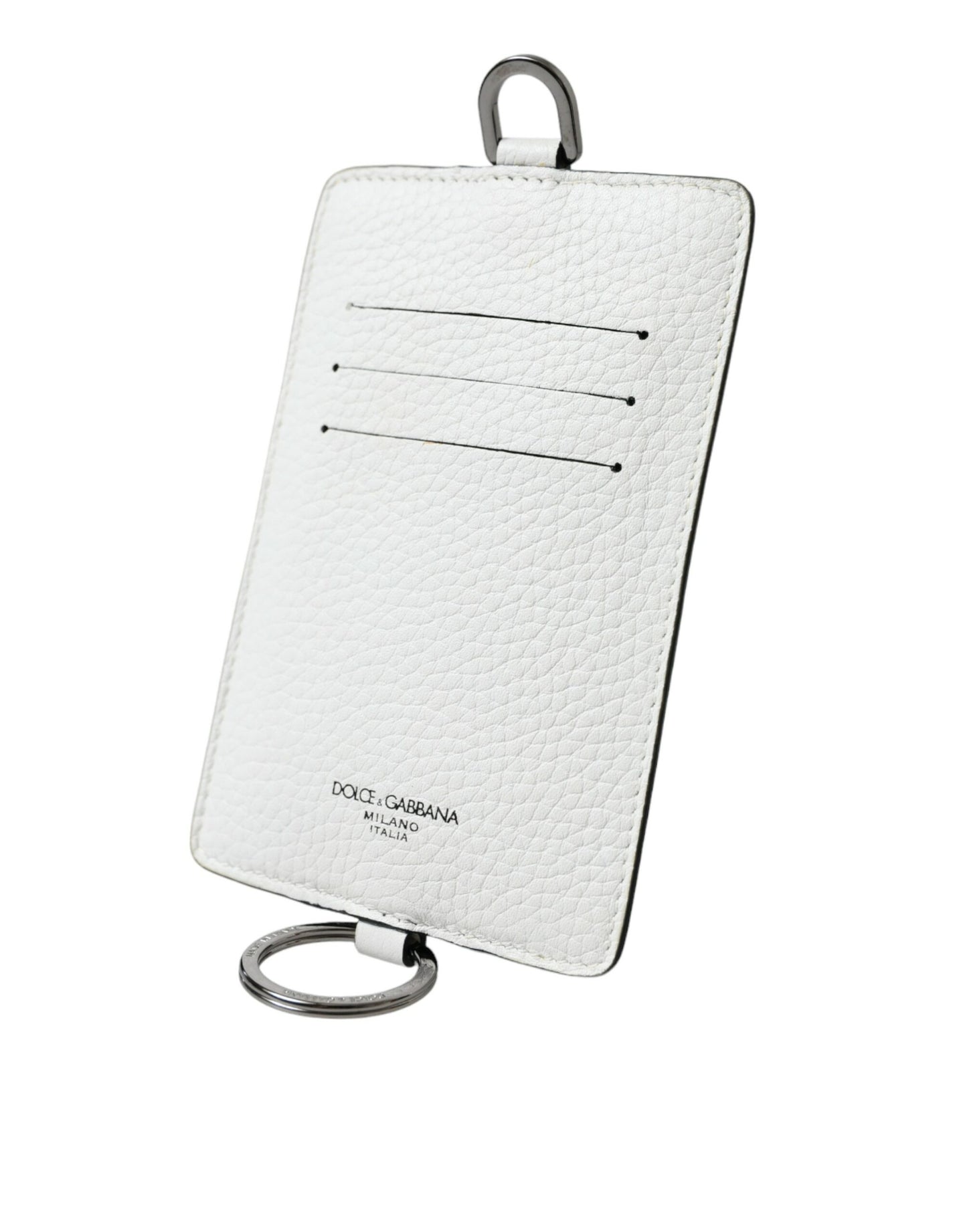 Dolce & Gabbana White Calfskin Lanyard Logo Card Holder Wallet