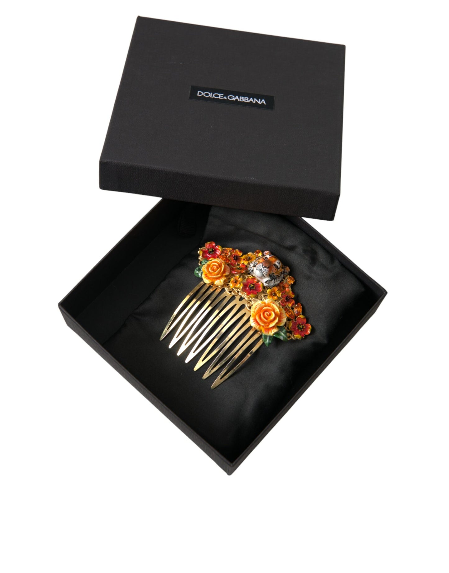 Dolce & Gabbana Gold Brass Crystal Leopard -kukkahiuskampa