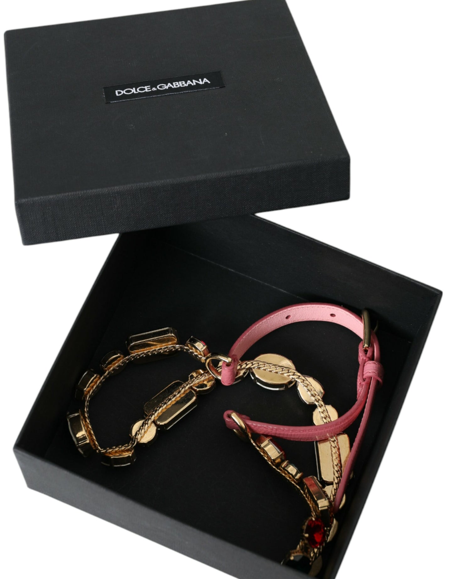 Dolce & Gabbana Pink leather belt with crystal chain embellishment