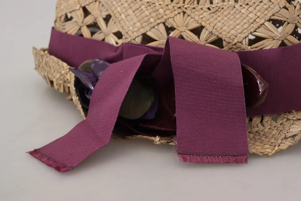 Dolce & Gabbana Brown Ribbon Straw Hat with Floral Embellishment