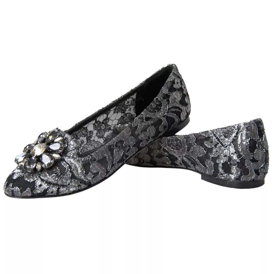 Dolce & Gabbana Grey Black Lace Crystal Ballet Loafers Shoes
