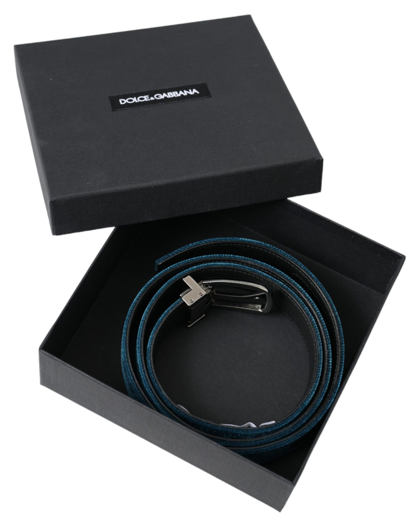 Dolce & Gabbana Blue velvet leather belt with silver metal buckle