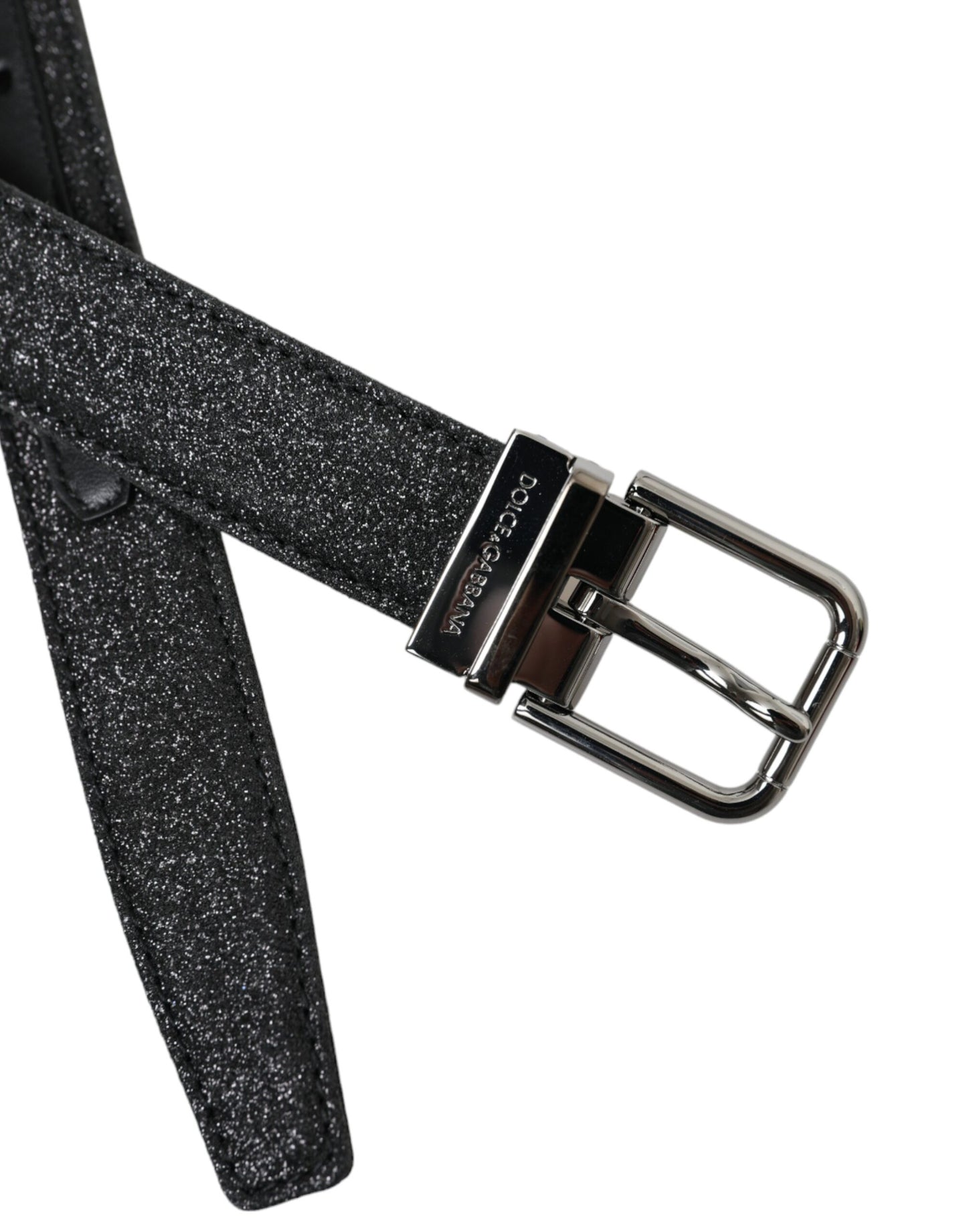 Dolce & Gabbana Black Glitter Leather Belt with Silver Buckle