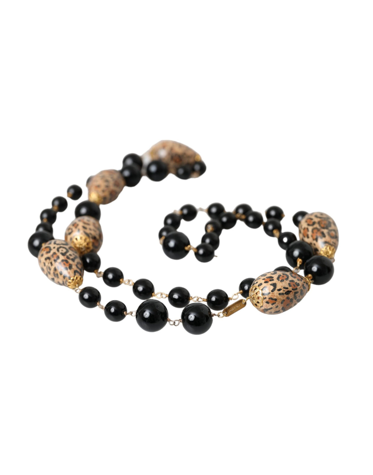 Dolce & Gabbana Gold Tone Brass Black Printed Pearls Long Chain Necklace