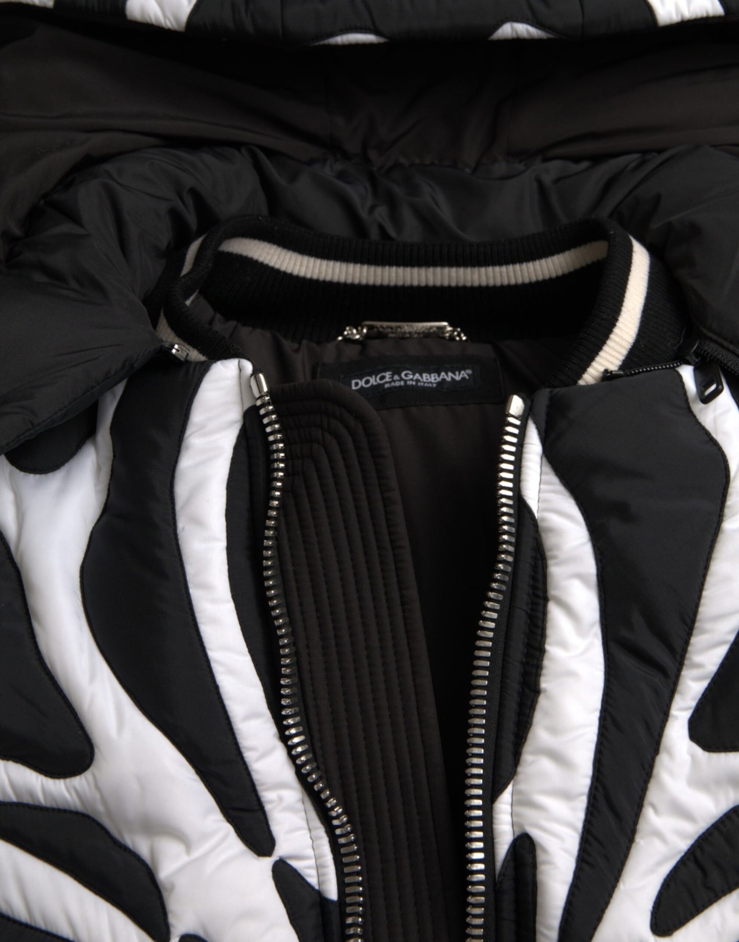 Dolce & Gabbana Black and White Striped Hooded Puffer Jacket