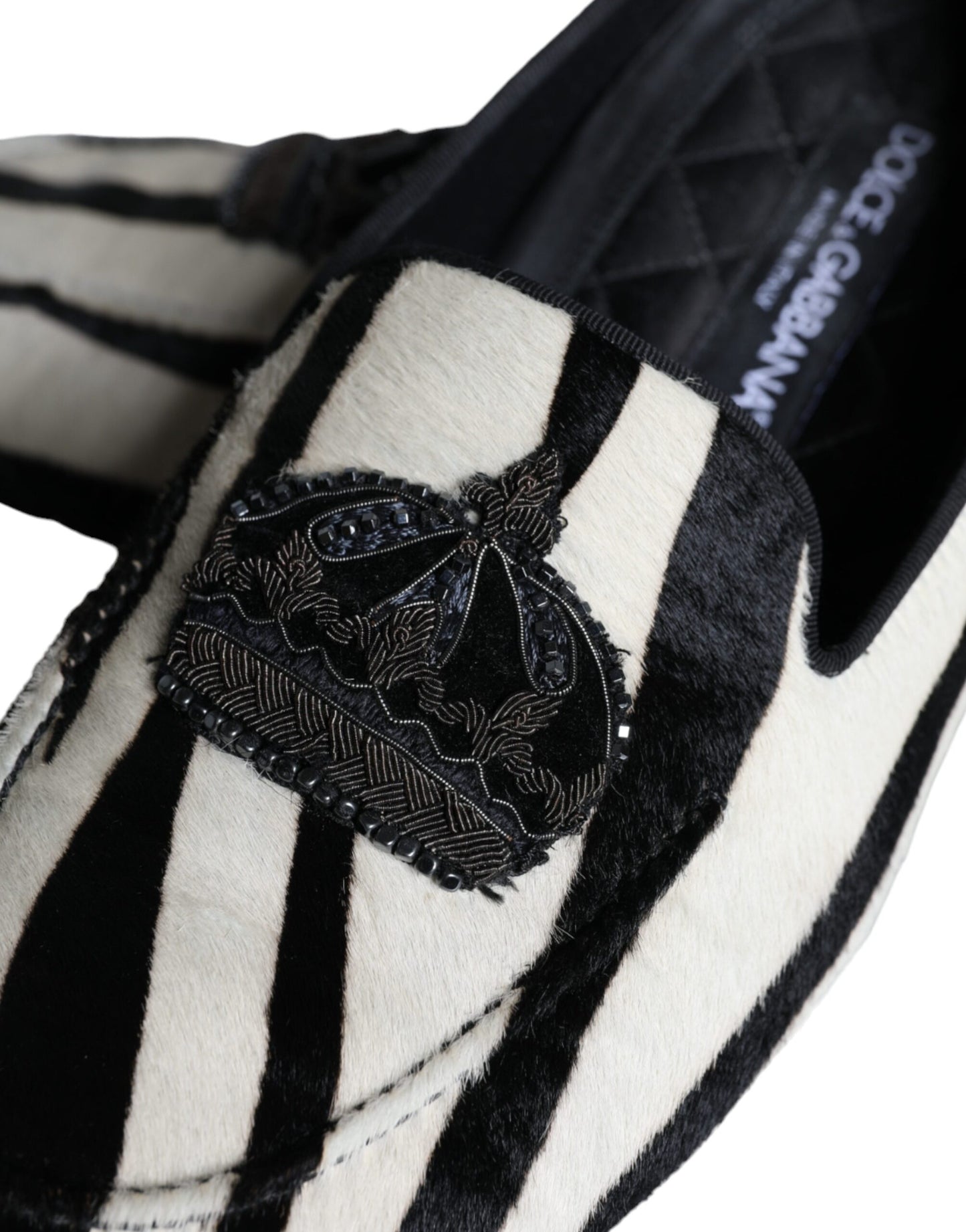 Dolce & Gabbana Black White Calf Fur Slip On Loafers Miesten kengät