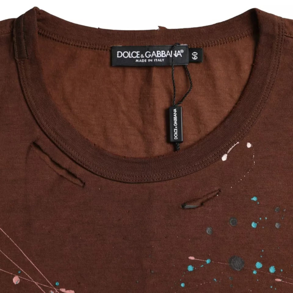 Dolce & Gabbana Brown cotton crew neck T-shirt with splashes of colour
