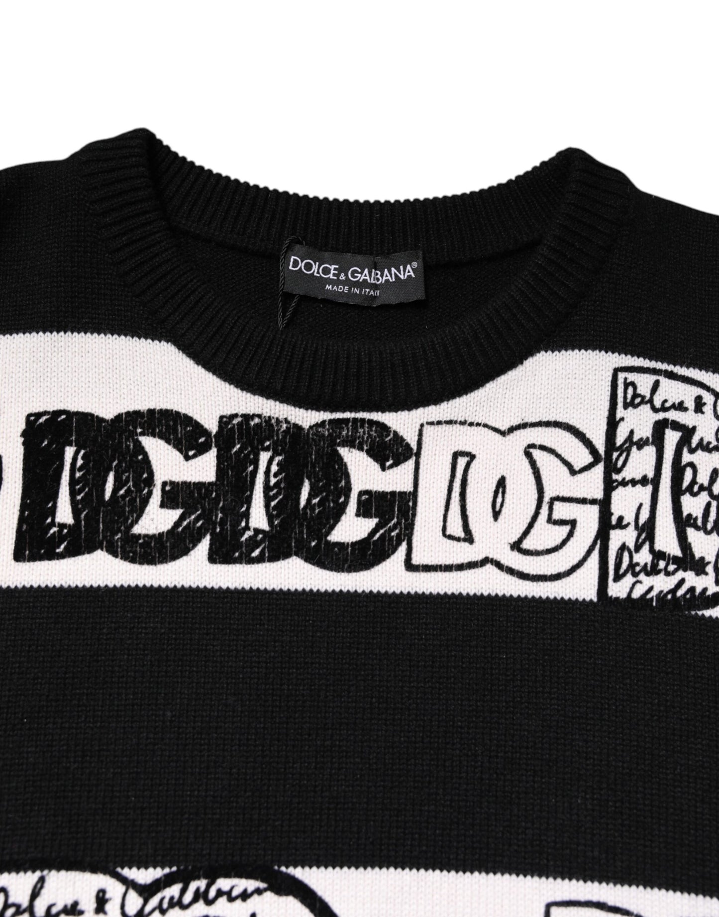Dolce & Gabbana Black White Logo Print Wool Pullover Sweater