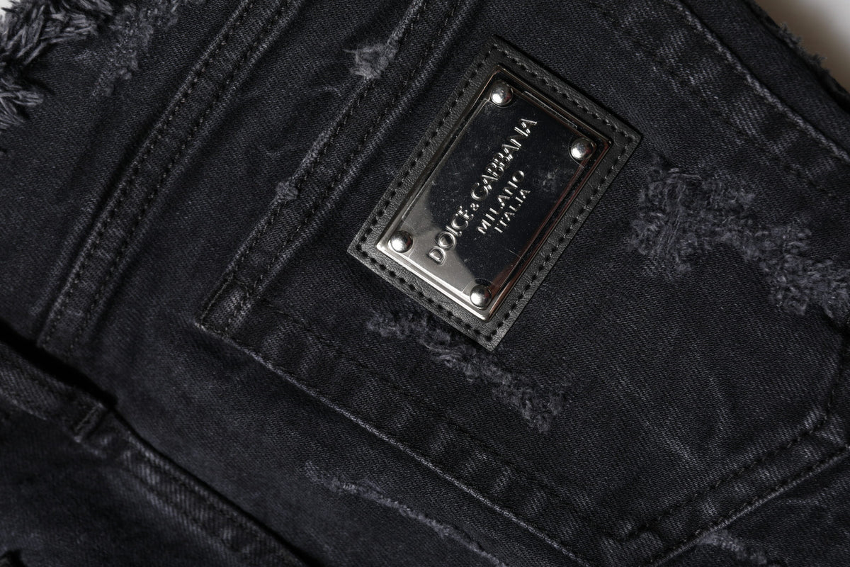 Dolce & Gabbana Black Cotton Tattered Skinny Denim Jeans