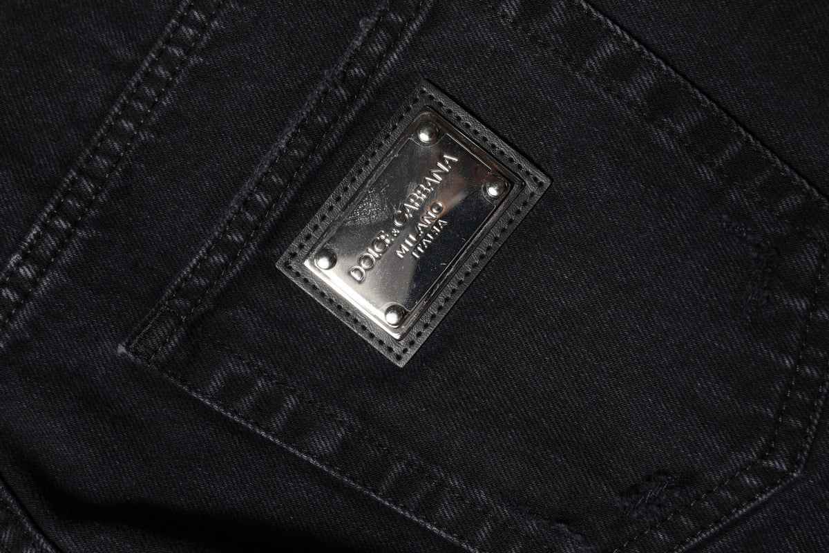 Dolce & Gabbana Black Cotton Tattered Mid Waist Denim Jeans