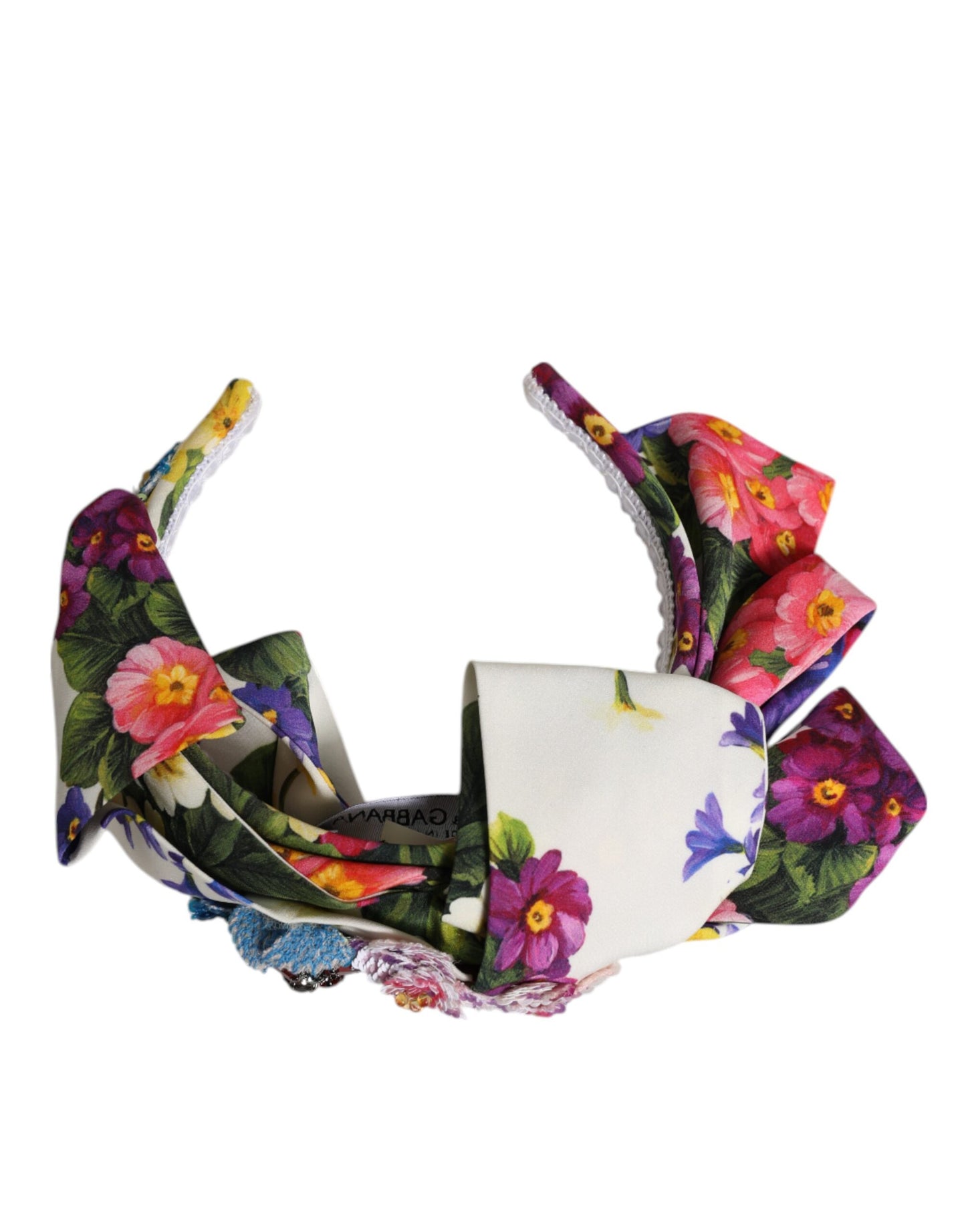 Dolce & Gabbana White Multicolor Floral Silk Bow Crystal Embellished Headband