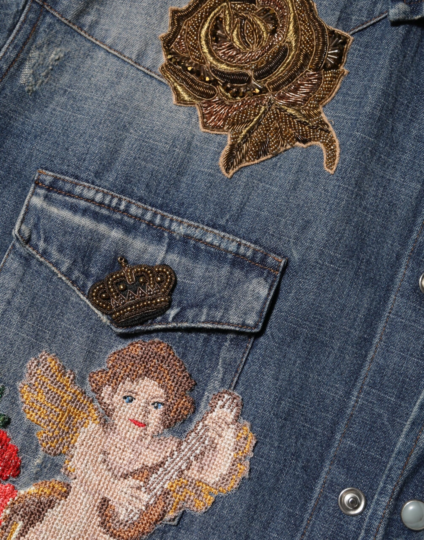 Dolce & Gabbana Blue Angel Patch Denim Buttoned Down Men Shirt