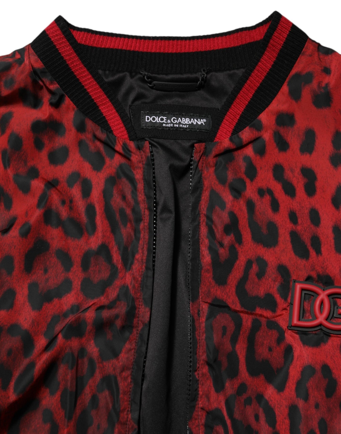 Dolce & Gabbana Red Leopard Print Full Zip Bomber Men Jacket