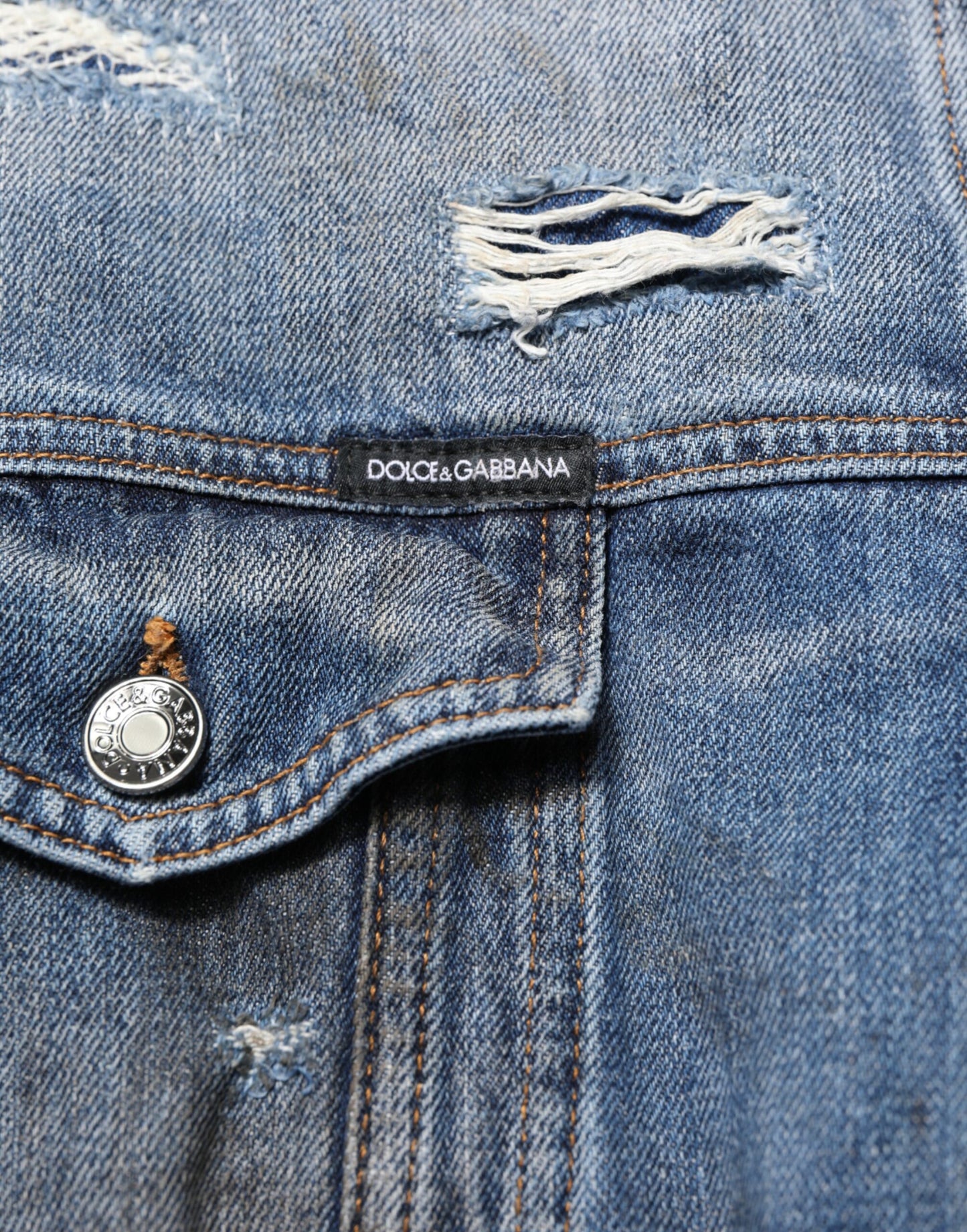 Dolce & Gabbana Blue Cotton Tattered Denim Blouson Jacket