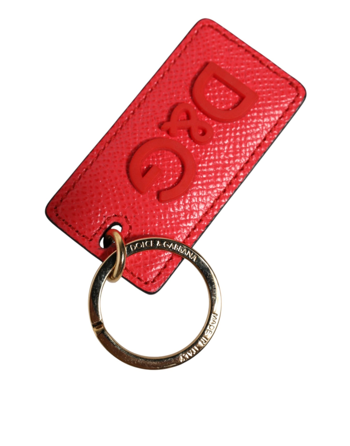 Dolce & Gabbana Red Calf Leather Logo Metal Ring Men Keychain Keyring