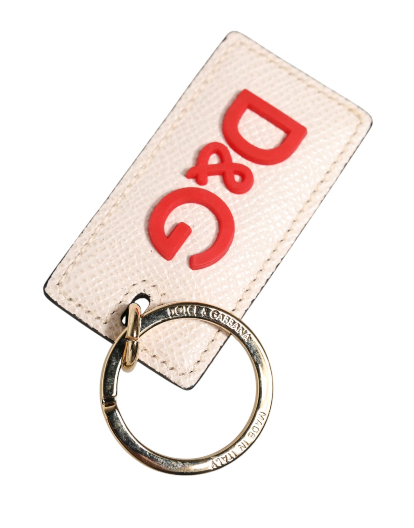 Dolce & Gabbana White Calf Leather D&G Logo Metal Ring Keychain Keyring