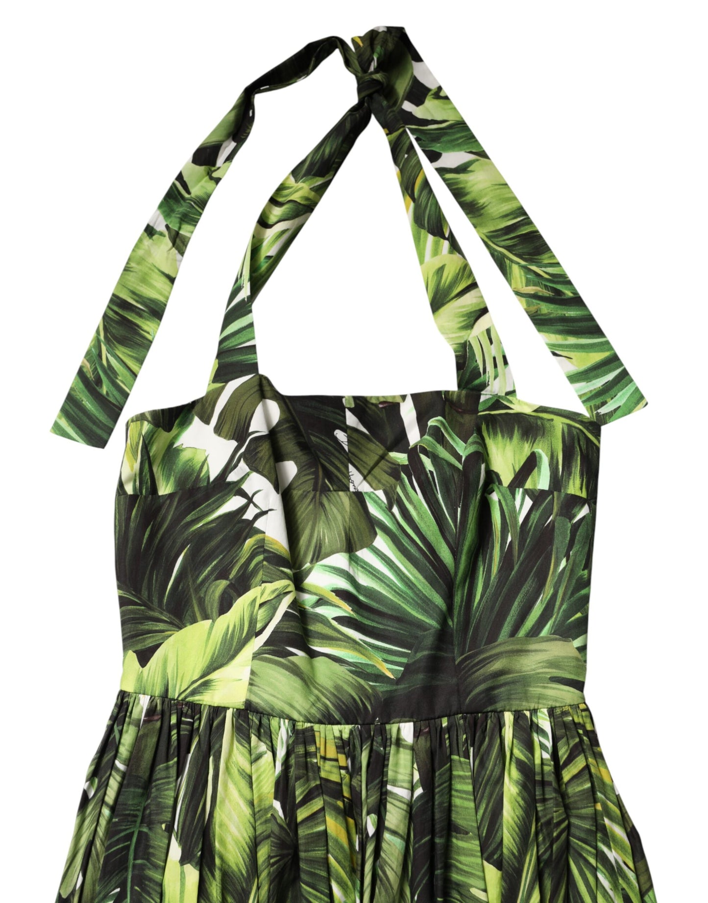 Dolce & Gabbana Green Leaves Print Cotton Halter Midi Dress