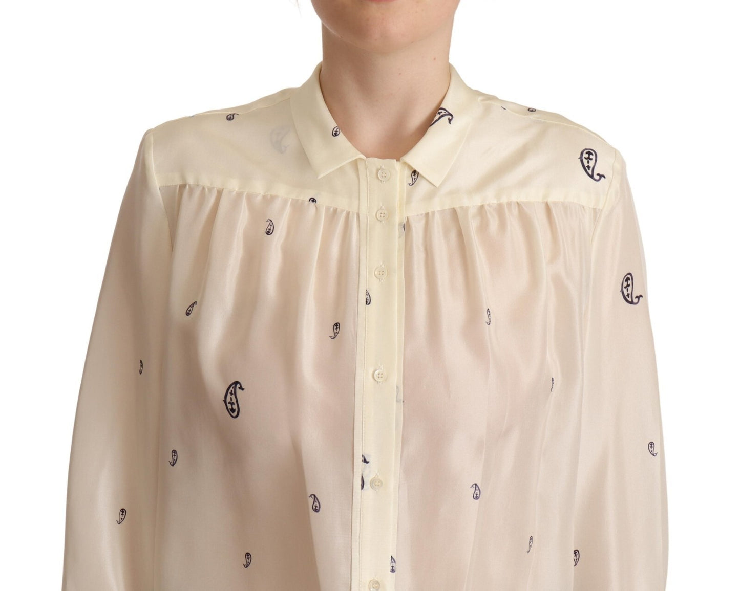 Aspesi Off White 100% Silk Long Sleeves Collared Top Blouse