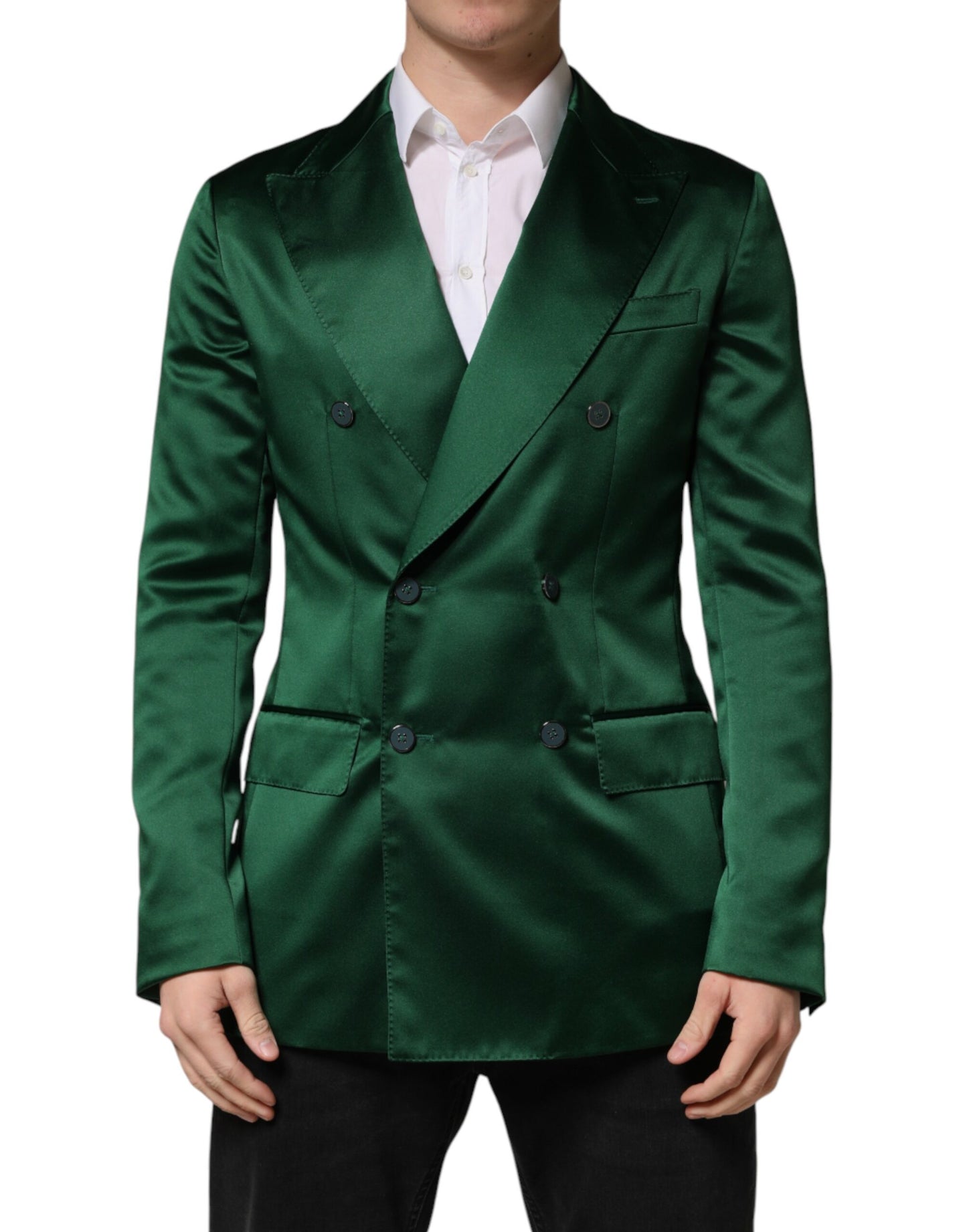 Dolce & Gabbana Green Satin Double Breasted Jacket Blazer