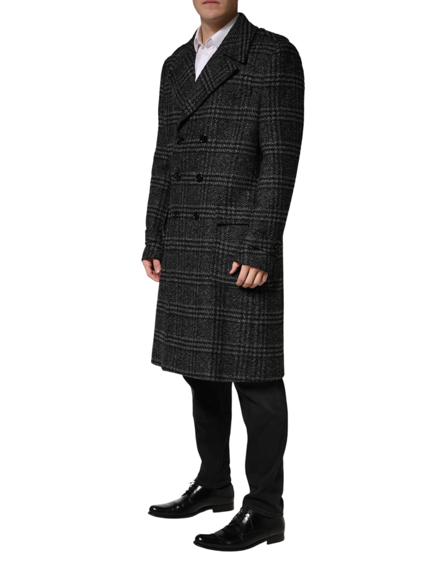 Dolce & Gabbana Grey Double Breasted Plaid Wool Coat Jacket