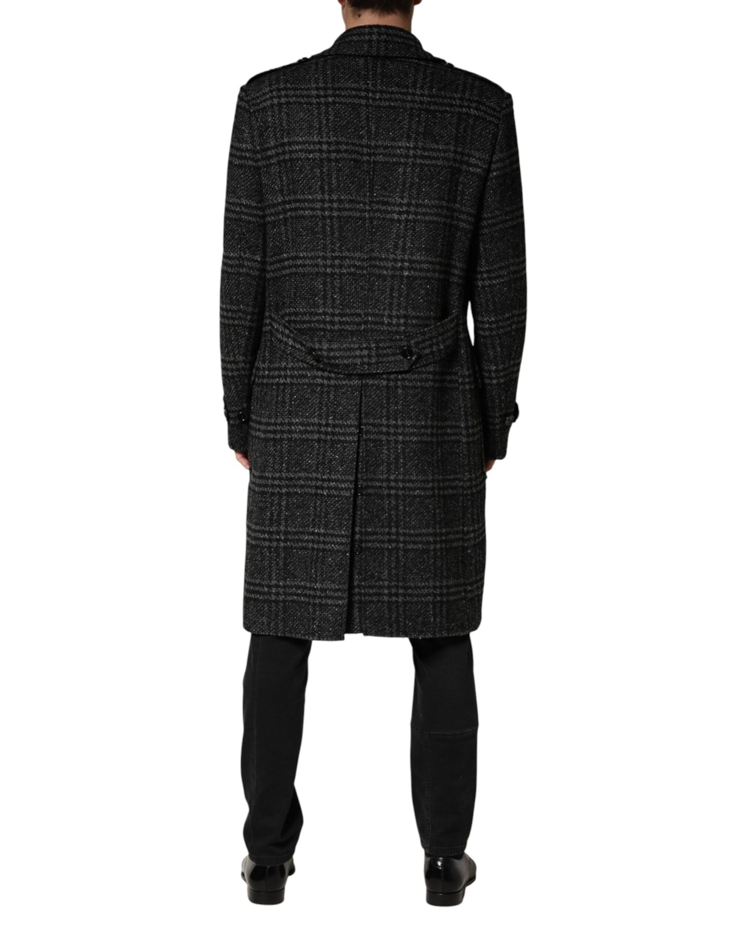Dolce & Gabbana Grey Double Breasted Plaid Wool Coat Jacket