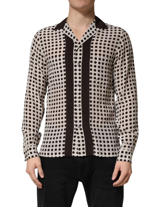 Dolce & Gabbana White Black Polka Dot Silk Men Casual Shirt