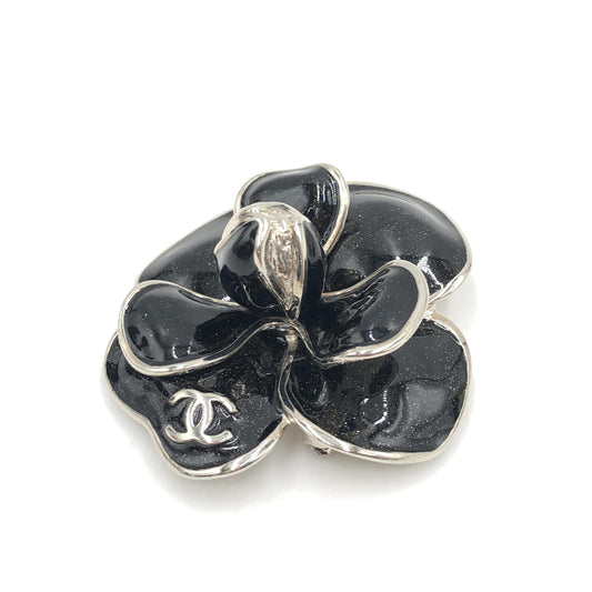 Chanel Black Enamel Flower Brooch With Silver-Tone