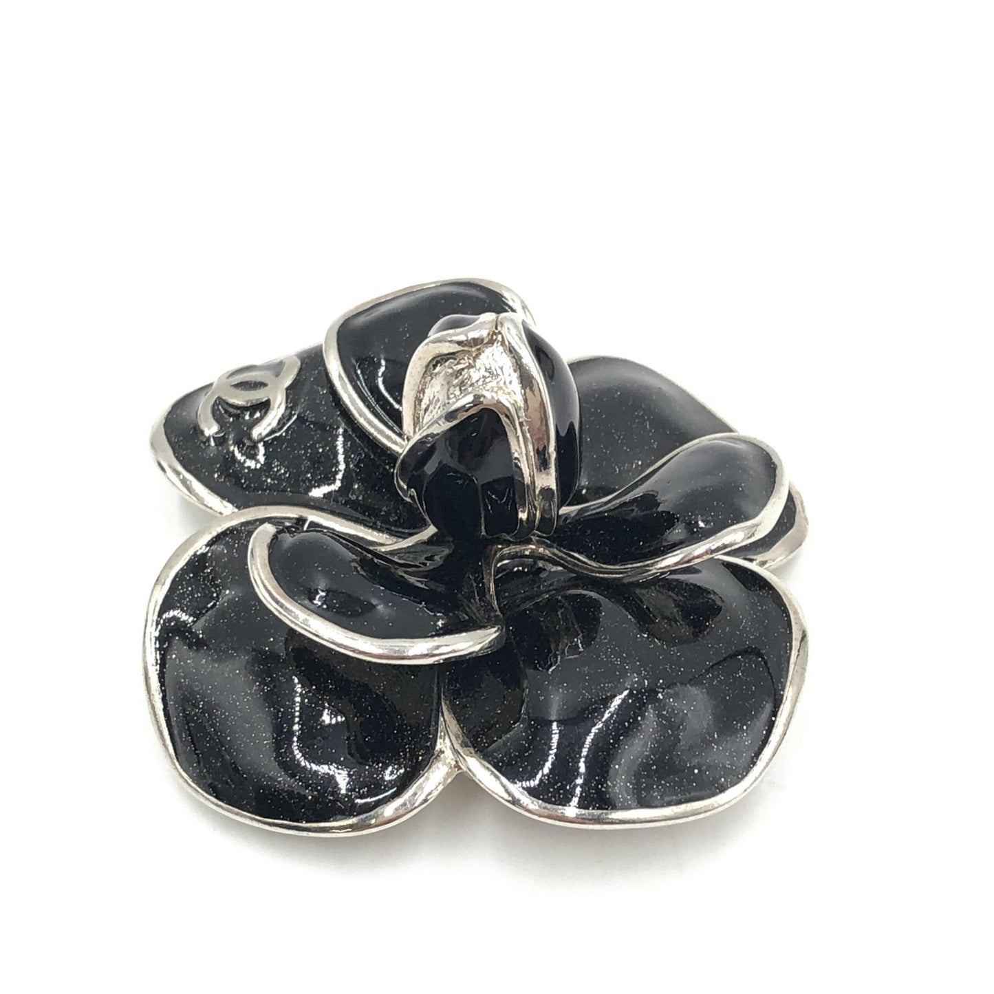 Chanel Black Enamel Flower Brooch With Silver-Tone