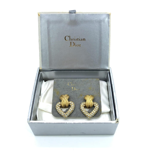Christian Dior Gold Heart Earrings With Crystals