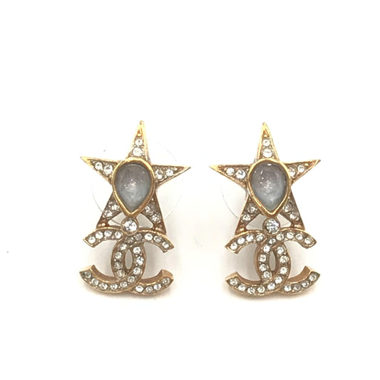 Chanel Gold Plated Star Coco Mark Earrings With Rhinestones