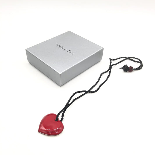 Christian Dior Red Heart Pendant Necklace With Braided String