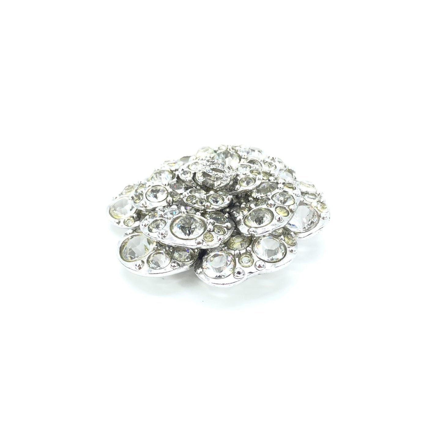 Chanel Silver Crystal Camellia Flower Brooch