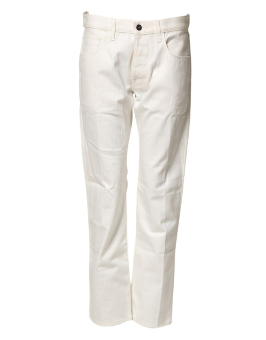 Fortela White Cotton Straight Denim Mid Waist Trouser Jeans