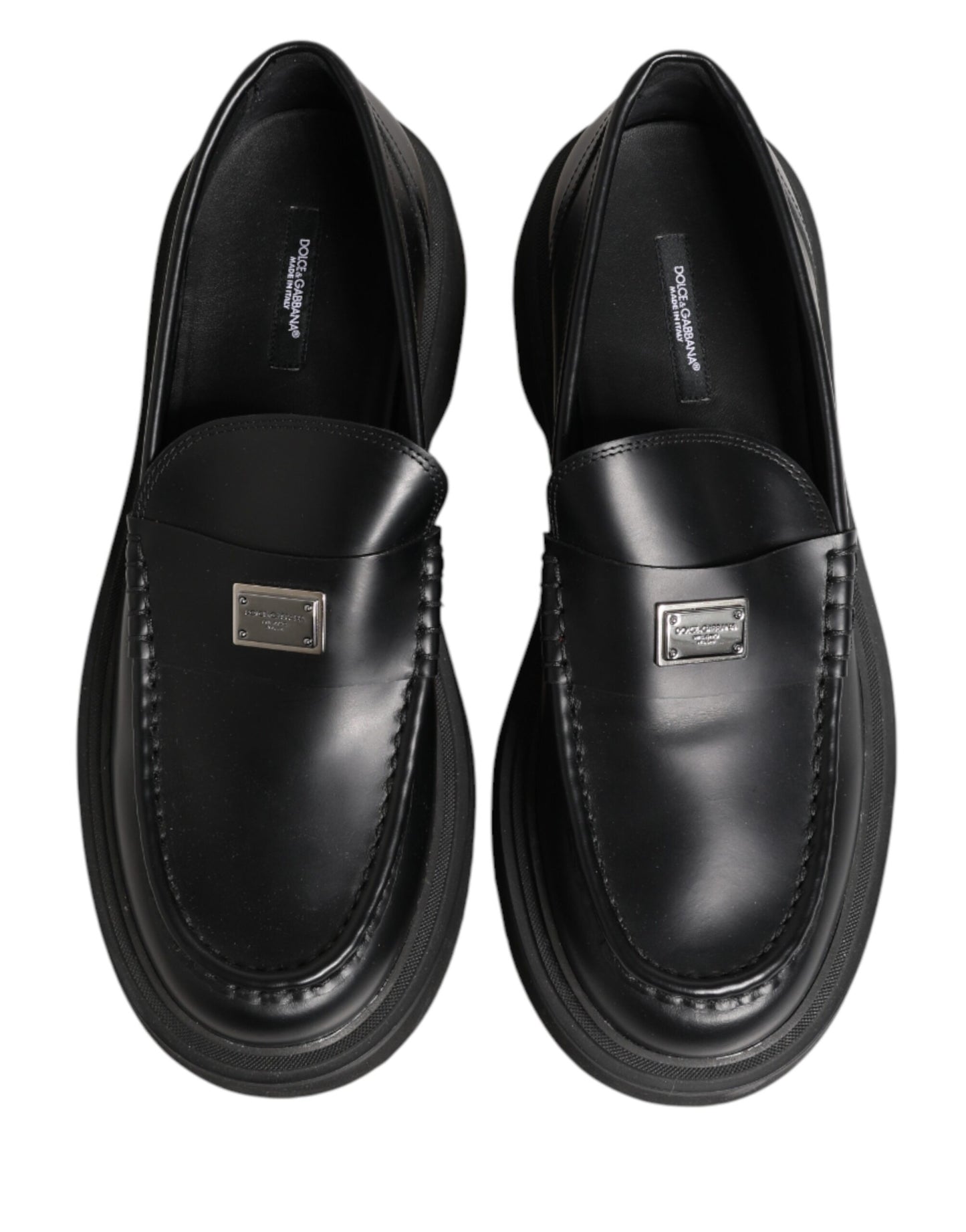 Dolce & Gabbana Black Leather DG Plaque Loafers Dress Shoes