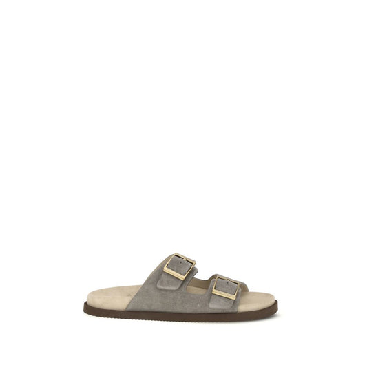 Brunello Cucinelli Gray Calf Leather Bos Taurus Flat Sandals
