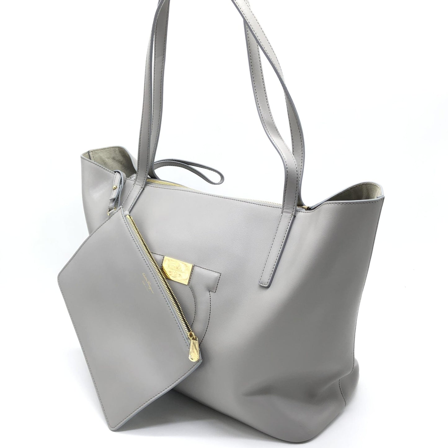 Salvatore Ferragamo Gancio City Light Grey Leather Tote Bag