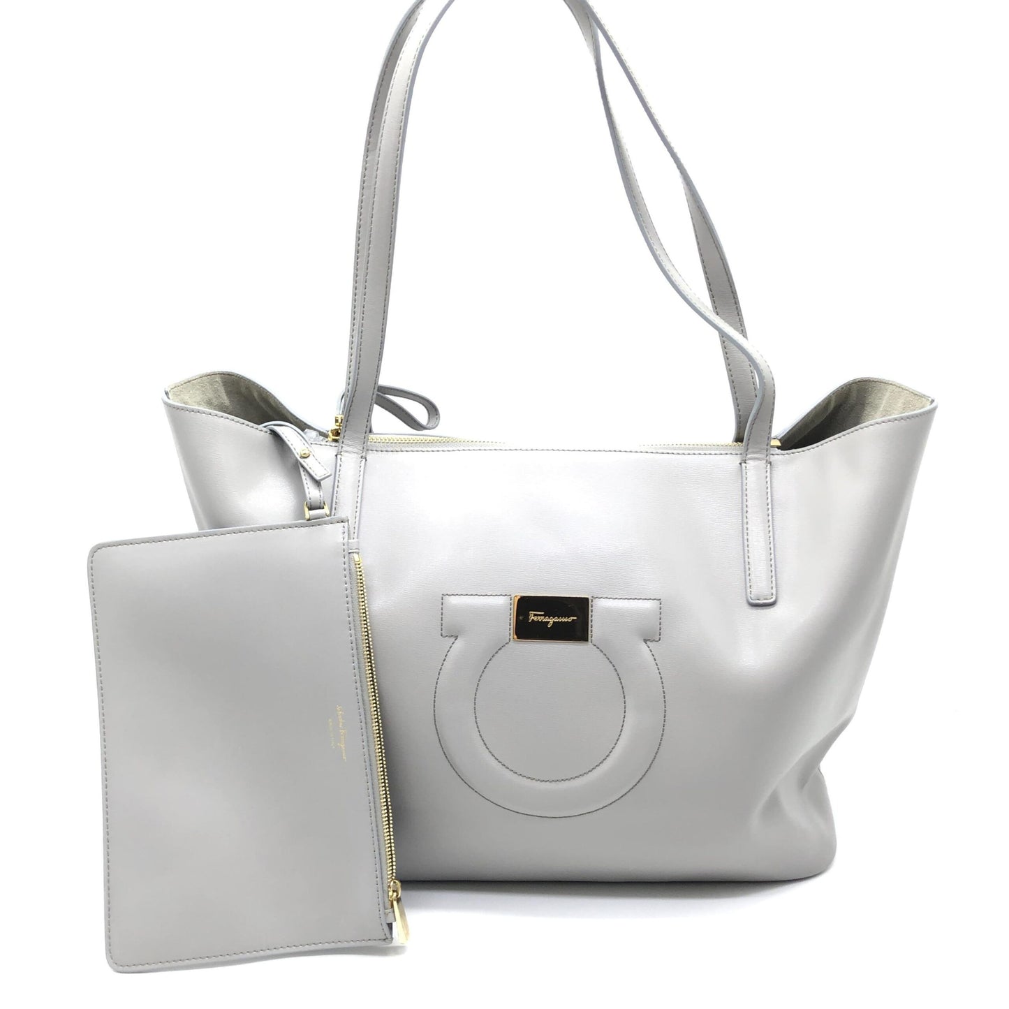Salvatore Ferragamo Gancio City Light Grey Leather Tote Bag