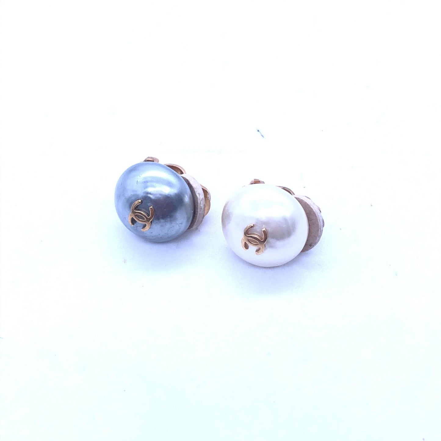 Chanel Gray And White Pearl Stud Earrings
