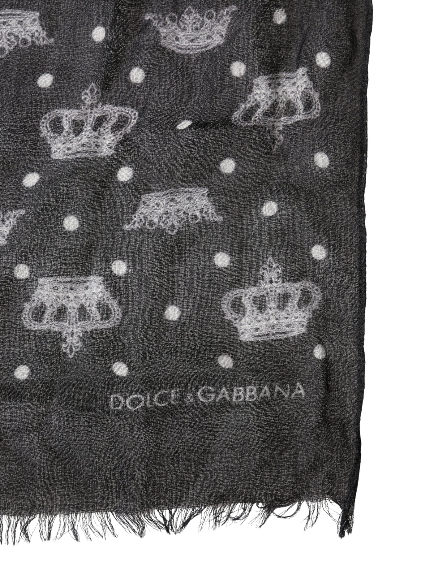 Dolce & Gabbana Black Wool Crown Print Fringe Neck Wrap 180cm x 65cm Scarf